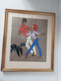 Tablou cu cuplu de dansatori, rama lemn si sticla, 28x33cm, Scene gen, Cerneala, Realism