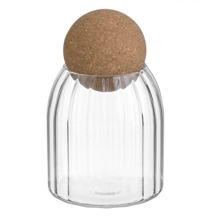 Borcan Sticla, Model Reliefat, Capac Pluta, Transparent, Capacitate 490ml, Diametru 9cm, Inaltime 14.5cm