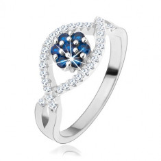 Inel realizat din argint 925, linii ondulate din zirconiu, floare strălucitoare formată din zirconii albastre - Marime inel: 49