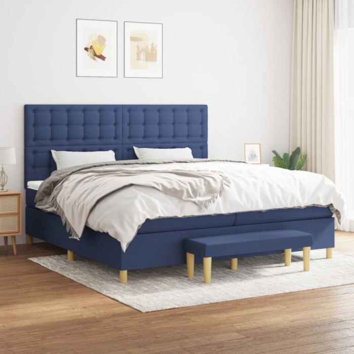 Pat box spring cu saltea, albastru, 200x200 cm, textil