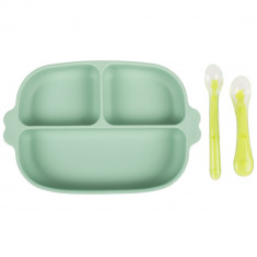 Set hranire bebe din silicon, 1 farfurie compartimentata cu ventuza, 2 lingurite marimi diferite, fara BPA, verde, KidsCare for Your BabyKids