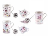 Cumpara ieftin Set 3 cani portelan multicolor, 3 infuzoare otel ceai, 3 farfurioare in cutie cadou &Oslash; 7,5 cm x 10,5 H, 300 ml