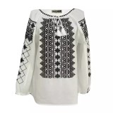 Cumpara ieftin Bluza Tip Ie Traditionala Alba cu Motiv Geometric Negru de Dama - IMS167