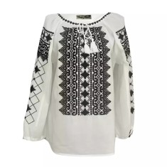 Bluza Tip Ie Traditionala Alba cu Motiv Geometric Negru de Dama - IMS167