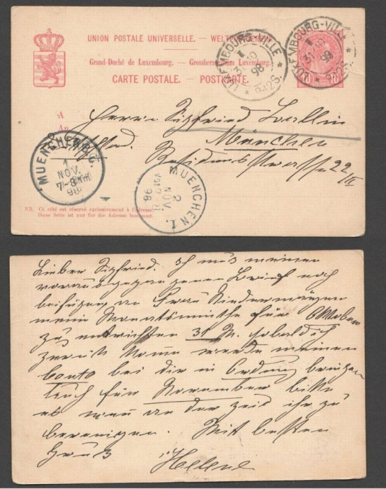 Luxembourg 1898 Postcard 10C Postal Stationery Luxembourg to M&uuml;nchen D.1041