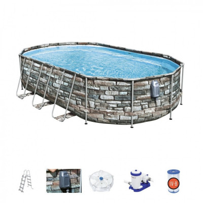 Piscina ovala 610x366x122 cm, cadru metalic, design piatra, scara, pompa 32W, 20241 litri foto