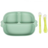 Set hranire bebe din silicon, 1 farfurie compartimentata cu ventuza, 2 lingurite marimi diferite, fara BPA, verde, KidsCare