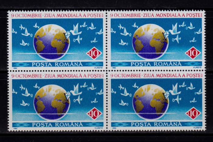 RO 1992 LP 1295 &quot;9 Oct. - Ziua mondiala a postei&quot;,bloc de 4 , MNH