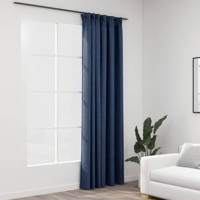 Draperie opacă, aspect de in, albastru, 290x245 cm, cu c&acirc;rlige