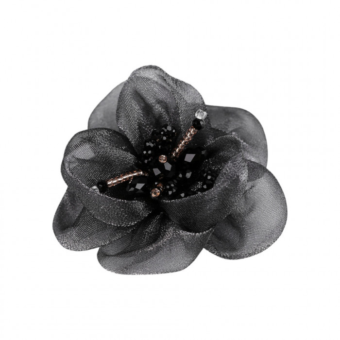 Floare din organza cu margele pentru cusut sau lipit pe haine, diametru 6 cm, Negru