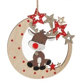 Ornament Brad Crăciun, Model Lună Stele Cerb, Lemn, Glitter Auriu, 10cm, Oem