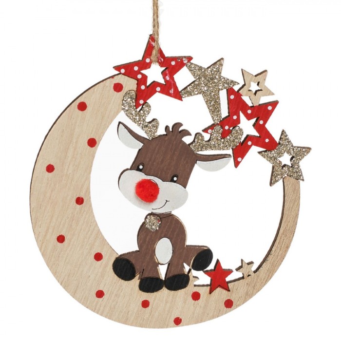 Ornament Brad Crăciun, Model Lună Stele Cerb, Lemn, Glitter Auriu, 10cm