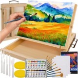 Set de pictura cu 46 de elemente, sevalet, valiza din lemn cu sertar, acuarele, pensule, 34x26x6.5 cm