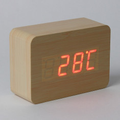 Ceas digital LED, din lemn, senzor sunet, data, temperatura, 3 grupe alarma, pentru birou