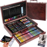 Set Pictura Copii 143 Piese in Cutie Lemn - Creioane, Pasteluri, Vopsele, Pensule, Ascutitoare, Radiera, Creioane HB si 2B