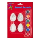 Set creatie din polistiren-ou, alb, pentru pictat colorat, 5 cm, set 4 buc + pensula + 6 culori