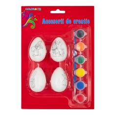 Set creatie din polistiren-ou, alb, pentru pictat colorat, 5 cm, set 4 buc + pensula + 6 culori