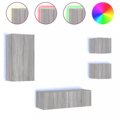 Comode TV de perete cu lumini LED, 4 piese, gri sonoma foto