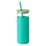 Pahar din Sticlă cu Pai, Capac din Bambus, &Icirc;nveliș Silicon, Capacitate 460ml, Turcoaz, Oem