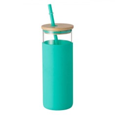 Pahar din Sticlă cu Pai, Capac din Bambus, &Icirc;nveliș Silicon, Capacitate 460ml, Turcoaz