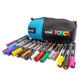 Set 16 Markere POSCA cu Penar Cilindric Albastru , Varfuri 1M, 3M, 5M