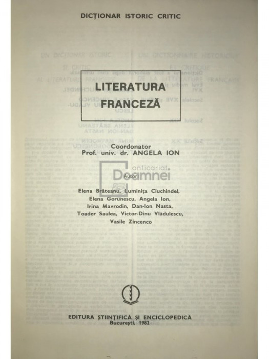 Angela Ion - Literatura franceză - Dicționar istoric critic (editia 1982)