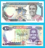 Zambia SET 2x (p#31+34) 10+100 Kwacha 1989-91 UNC 'Kaunda' serie: 2521392+AD0877316; (ROG CITITI DETALIILE!)