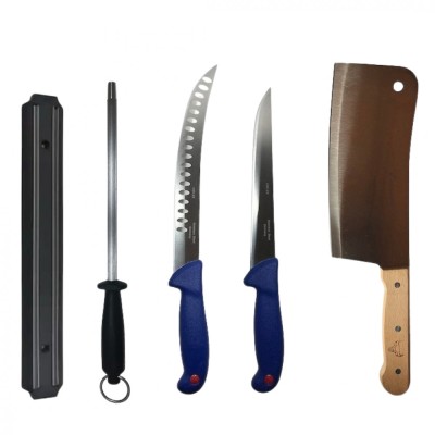 Set profesional de macelarie, filetat transat, degresat, feliat, 2 cutite, satar, suport magnetic, masat pentru ascutit foto