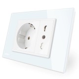 Priza dubla Livolo VL-C3C2CIT-81, incastrata, modulara - 3, contact de protectie, rama din sticla inclusa, alb