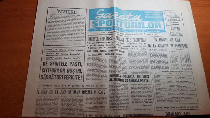 gazeta sporturilor 14 aprilie 1990-etapa diviziei A la fotbal,rugbyul romanesc