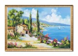 Cumpara ieftin Tablou inramat Grecia gigant peisaj mediteranean insorit pictat manual, Zi relaxanta, 130x90cm ulei pe panza, Constantin Feraru