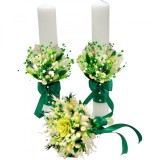 Set Lumanari si buchet pentru nunta, alb-verde, personalizabile cu nume si data, Plante Uscate , Aranjament Frontal, Eventissimi&reg;
