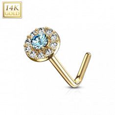 Piercing nas in aur galben de 14K - zircon rotund albastru deschis, linie zircon, capat curbat foto