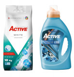 Detergent pudra pentru rufe albe Active, sac 10kg, 135 spalari + Balsam de rufe Active Magic Blue, 1.5 litri, 60 spalari