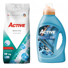 Detergent pudra pentru rufe albe Active, sac 10kg, 135 spalari + Balsam de rufe Active Magic Blue, 1.5 litri, 60 spalari