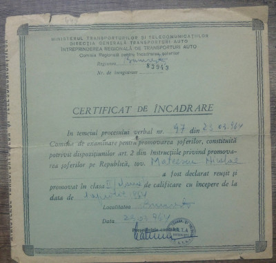Certificat de incadrare// Ministerul Transporturilor, promovarea soferilor, 1964 foto