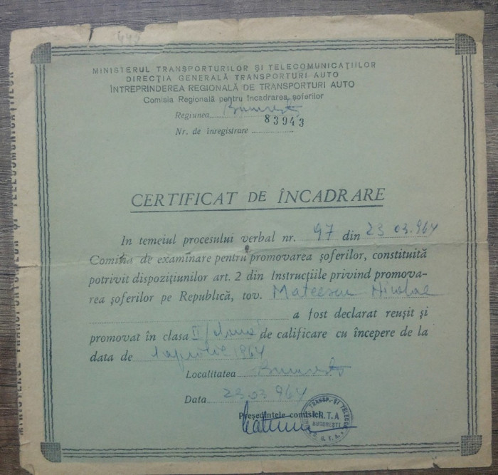 Certificat de incadrare// Ministerul Transporturilor, promovarea soferilor, 1964