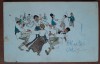 Carte postala, necirculata, desen manual,m joc romanesc, dansatori in costume populare, inceput de secol XX