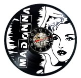 Ceas de perete decorativ realizat din disc de vinil, Model Madonna Regina Pop Portret Stilizat, Negru, 30 cm