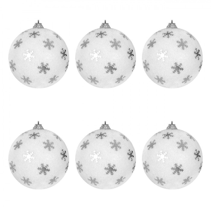 Globuri Brad de Crăciun, Set 6 Bucăți, Albe cu Fulgi Argintii, 8 cm, Plastic