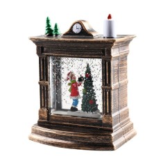 Decoratiune de craciun tip semineu / ceas, flippy, glob de cristal cu fulgi de zapada, model elf, iluminare led, 11.5 x 8.5 x 6.5 cm, carcasa vintage