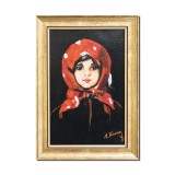 Tablou pictat manual inramat, Fetita cu basma rosie (8) - 35x25cm ulei panza, reproducere Nicolae Grigorescu