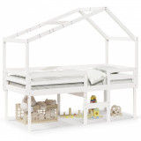 vidaXL Pat &icirc;nalt cu acoperiș, alb, 90x190 cm, lemn masiv de pin