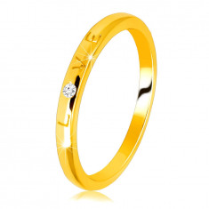 Inel din aur galben de 9K - inscripția „LOVE” cu zircon, suprafață netedă, 1,5 mm - Marime inel: 54