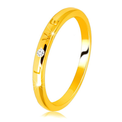 Inel din aur galben de 9K - inscripția &amp;bdquo;LOVE&amp;rdquo; cu zircon, suprafață netedă, 1,5 mm - Marime inel: 54 foto