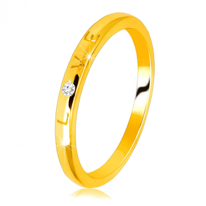 Inel din aur galben de 9K - inscripția &bdquo;LOVE&rdquo; cu zircon, suprafață netedă, 1,5 mm - Marime inel: 51