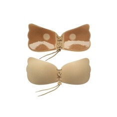 Sutien, autoadeziv, din silicon si textil, cupa A, cu siret de reglare, Push Up, bej