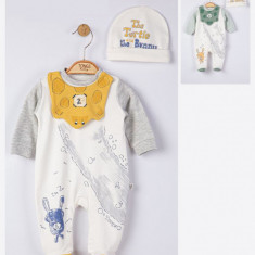 Set salopeta cu caciulita si baveta pentru bebelusi Broscuta, Tongs baby (Culoare: Galben, Marime: 6-9 luni)