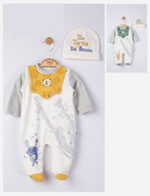 Set salopeta cu caciulita si baveta pentru bebelusi Broscuta, Tongs baby (Culoare: Galben, Marime: 6-9 luni) foto