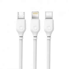 Cablu de date, XO-NB103, 3in1 (8-pin/micro/type-C) 2,1A, 1 m, Alb, Blister